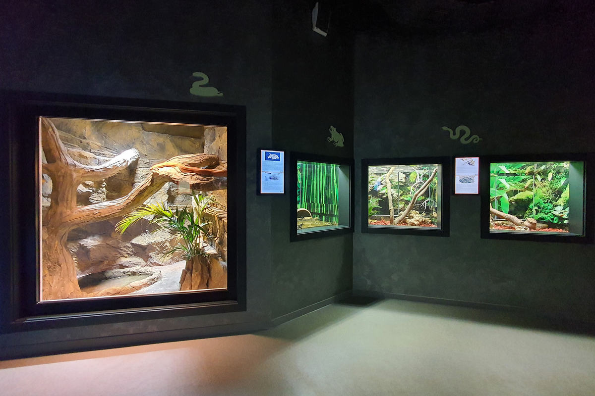 Вольеры и аквариумы снабжены символами животных и табличками с подробным описанием обитателей