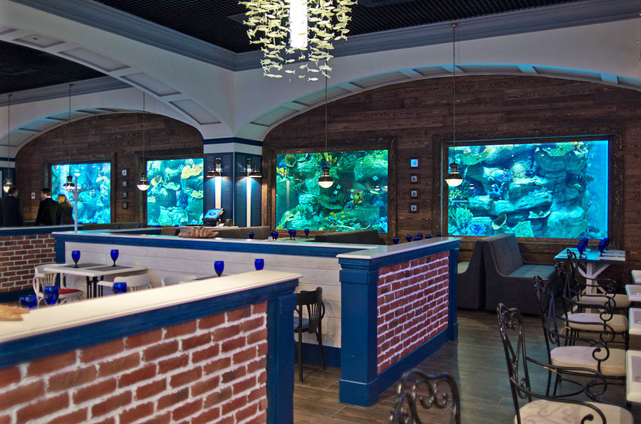 Публичный аквариум ТРЦ Ocean Plaza в Киеве. Вид на 4 окна аквариума из ресторана "Марлин"